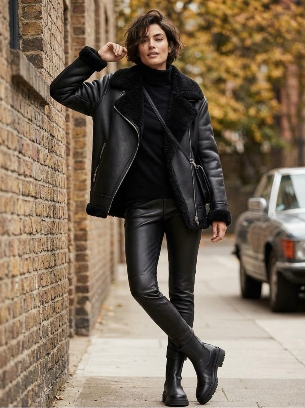 MANGO Black Faux Shearling Moto Jacket - M